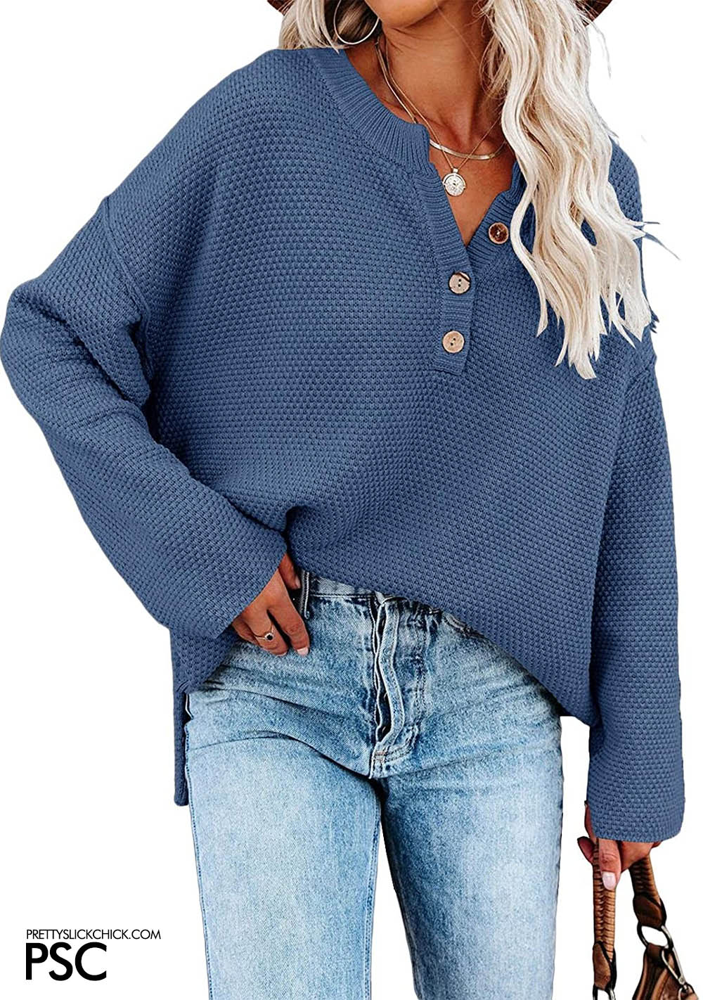 Saodimallsu Women's Oversized Sweaters Batwing Long Sleeve Loose V Neck Button Henley Tops Pullover Knit Jumper