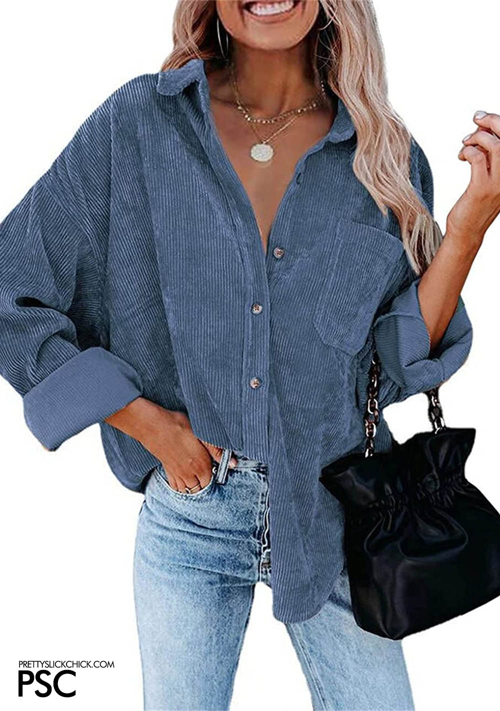 A beautiful oversized long-sleeved ribbed corduroy button-down pocket shirt to have you looking simple and elegant without compromising your comfort