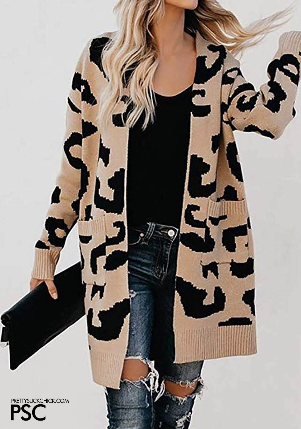 ZESICA Women's Long Sleeves Open Front Leopard Print Knitted Sweater Cardigan Coat Outwear with Pockets